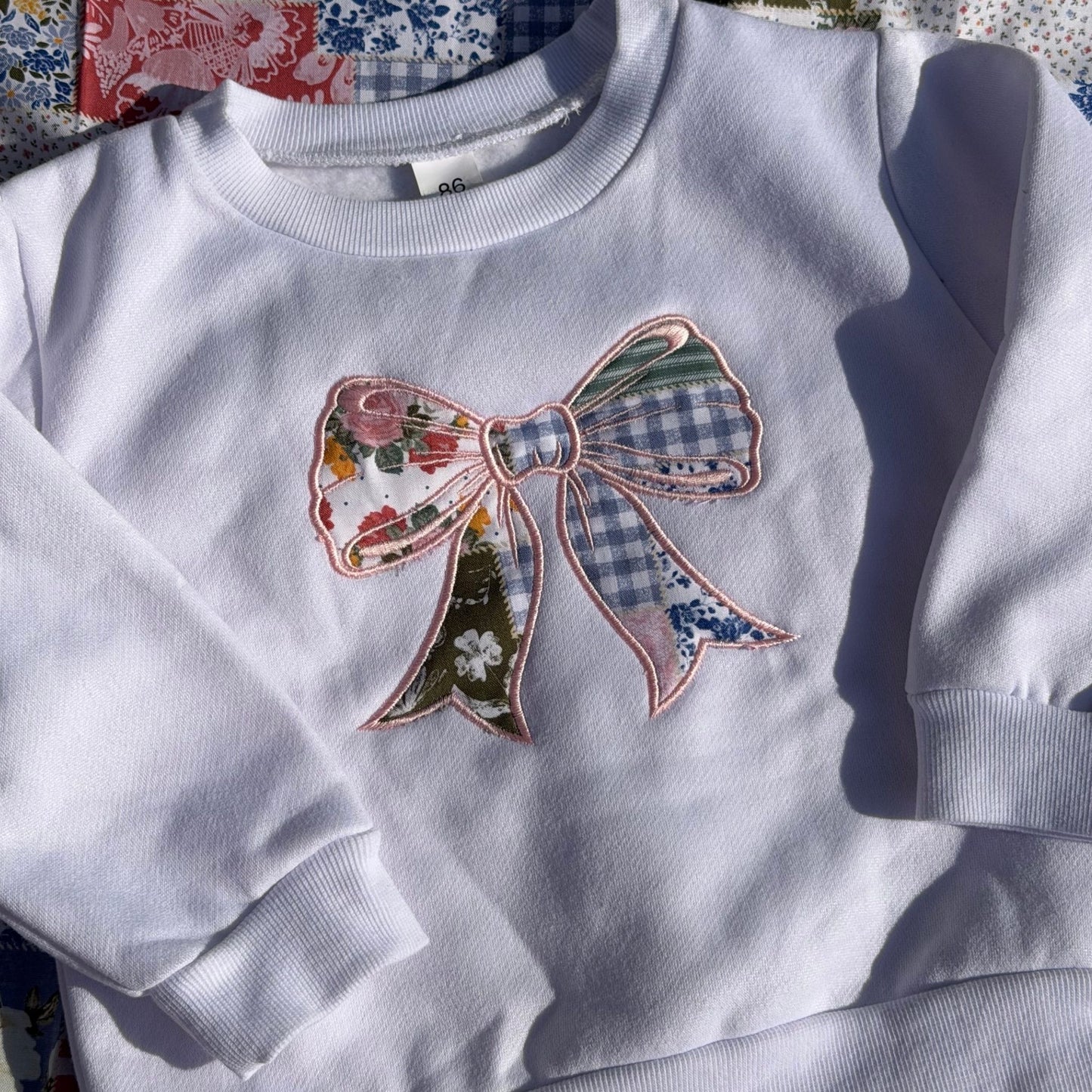 2T Quilted Embroidered Bow Crewneck