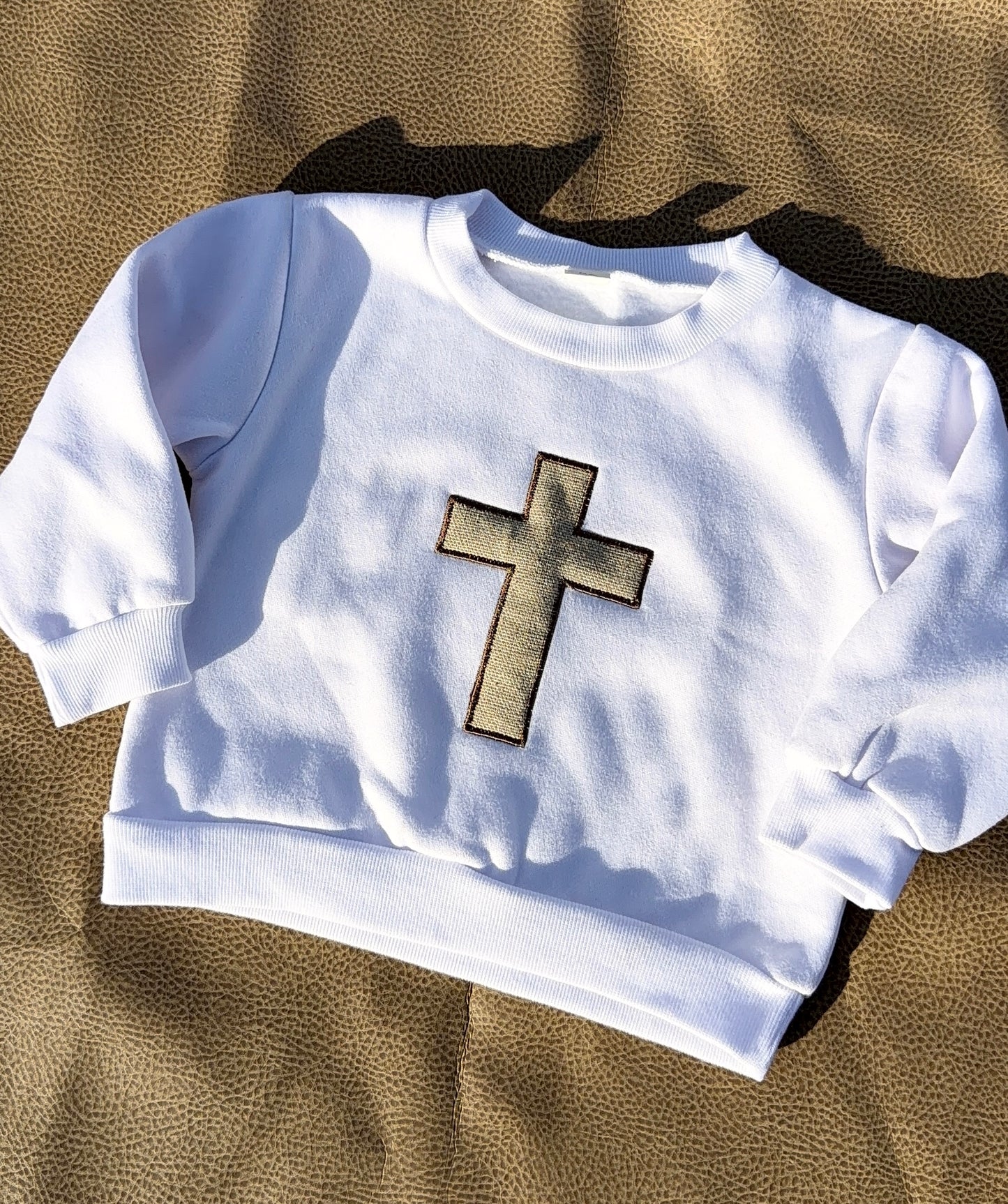 4T Embroidered Burlap Cross Crewneck