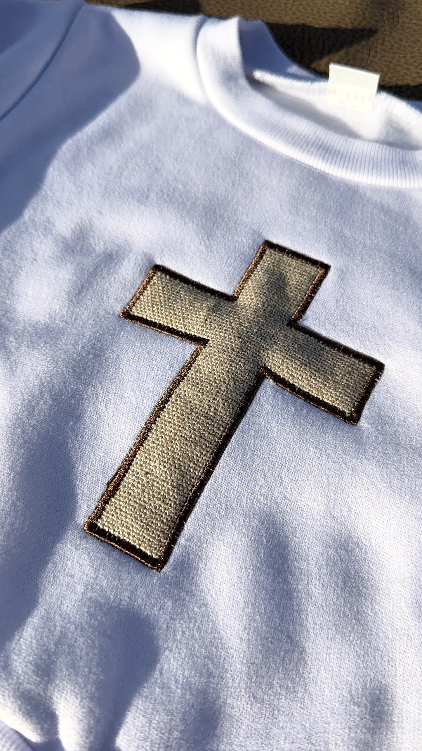 4T Embroidered Burlap Cross Crewneck